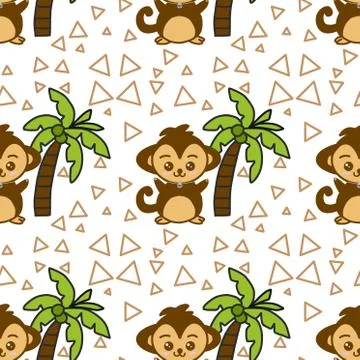 Texture cartoon monkey and coconut tree seamless pattern background. Stock Illustration