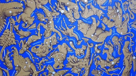 Texture celestial map, zodiac stars and mythology figures on blue sky. Stock Footage 344785111