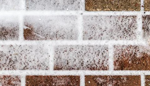 The texture of the cobblestone path covered with the first snow in winter. Stock Photos