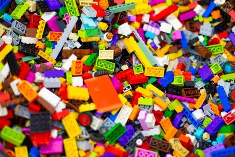 Texture of colored toy bricks background. soft focus, top view Stock Photos