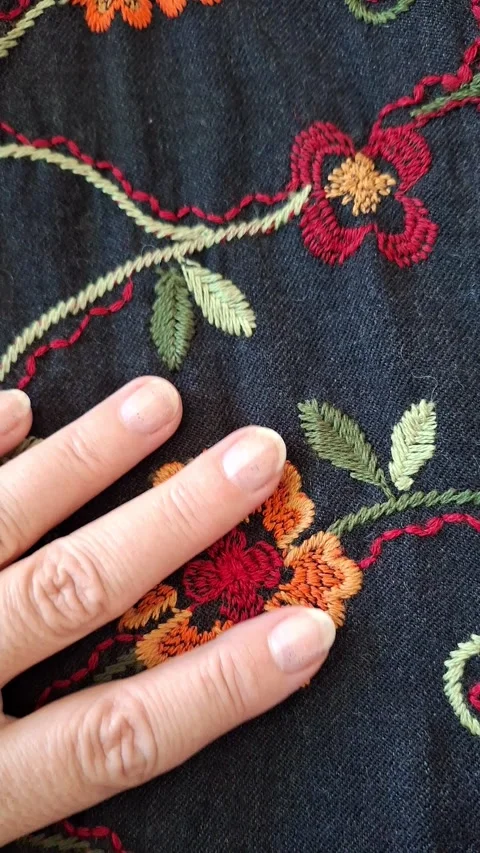 The texture of the fabric is dark blue with a floral pattern. Stock Footage 346493134