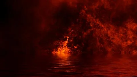 Texture of fire with reflection in water. Flames on isolated black background Stock Illustration
