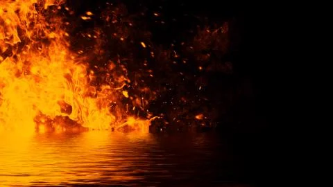 Texture of fire with reflection in water. Flames on isolated black background Stock Illustration