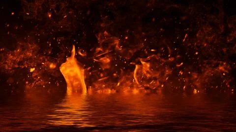 Texture of fire with reflection in water. Flames on isolated black background Stock Illustration