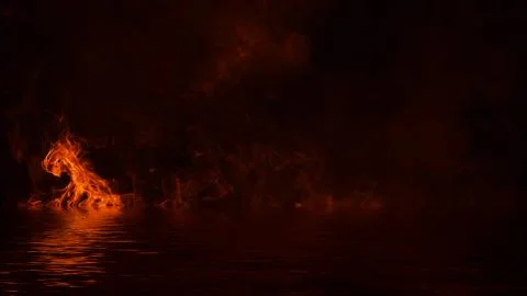 Texture of fire with reflection in water. Flames on isolated black background Stock Illustration