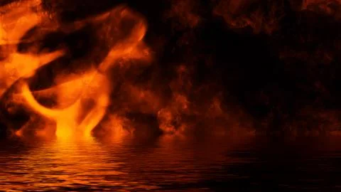 Texture of fire with reflection in water. Flames on isolated black background Stock Illustration