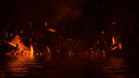 Texture of fire with reflection in water. Flames on isolated black background Stock Illustration