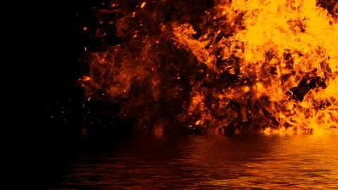 Texture of fire with reflection in water. Flames on isolated black background Stock Illustration