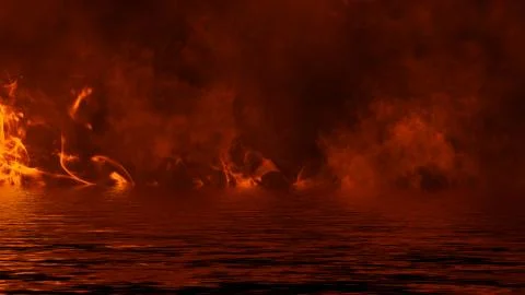 Texture of fire with reflection in water. Flames on isolated black background Illustrazione stock