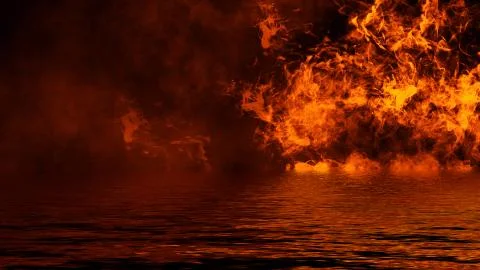Texture of fire with reflection in water. Flames on isolated black background Stock Illustration