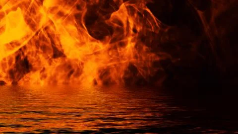 Texture of fire with reflection in water. Flames on isolated black background Stock Illustration