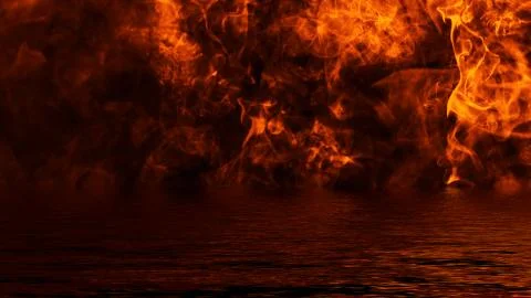 Texture of fire with reflection in water. Flames on isolated black background Stock Illustration