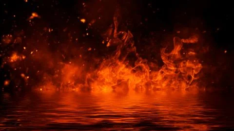 Texture of fire with reflection in water. Flames on isolated black background Stock Illustration