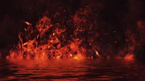 Texture fire with reflection in water. Flames on isolated black background. Stock Illustration