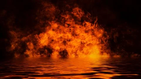 Texture fire with reflection in water. Flames on isolated black background. Stock Illustration