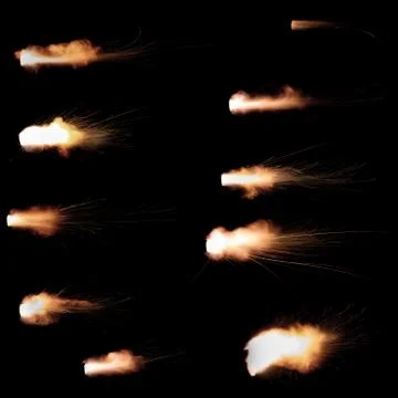 The texture of a firearm shot , a bright flash of flame on a black background Stock Photos