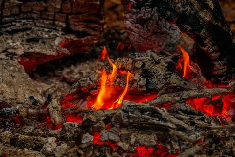 Texture flame from burning logs at night Stock Photos