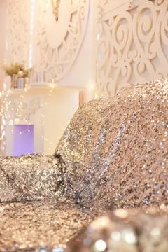 Texture glitter sequins silver sofa. Beautiful rich interior. silver sofa Stock Photos