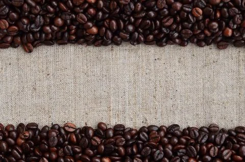 Texture of a gray canvas made of old and coarse burlap with coffee beans on i 写真素材