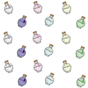 Texture with hand-drawn colored bottles with different potions. Stock Illustration