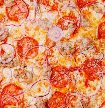 Texture Of Hot Fresh Pizza With Red Onion Stock Photos