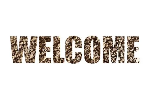 Texture of instant coffee. Shot through the cut-out silhouette of word WELCOM Stock Photos