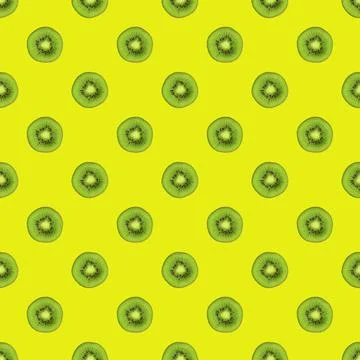 Texture. Kiwi repeating seamless pattern on yellow background. Kiwi is cut. Stock Photos