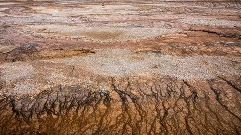 Texture of land surface in hot zone of Yellowstone. Stock Photos