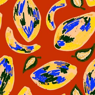 Texture mangoes. Tropical exotic pattern. Cartoon style. Hand drawn elements. 스톡 일러스트