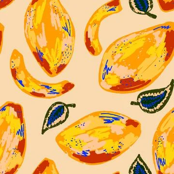 Texture mangoes. Tropical exotic pattern. Cartoon style. Hand drawn elements. 스톡 일러스트