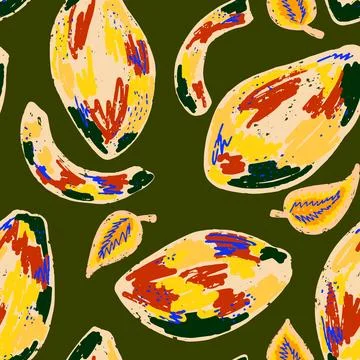 Texture mangoes. Tropical exotic pattern. Cartoon style. Hand drawn elements. 스톡 일러스트
