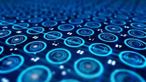 Texture with many small, digital spinning blue circles and moving dots on dark 動画素材 100457712