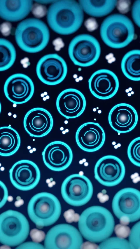 Texture with many small, digital spinning blue circles and moving dots on dark 動画素材 282664199