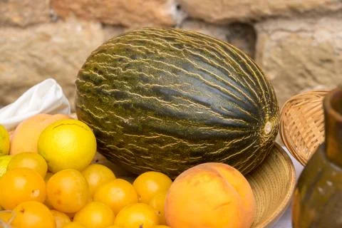 Texture of melon, tropical fruit, Cucumis melo. Stock Photos