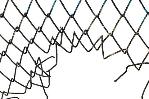 The texture of the metal mesh. Torn, destroyed, broken metal mesh on a whit.. Foto stock