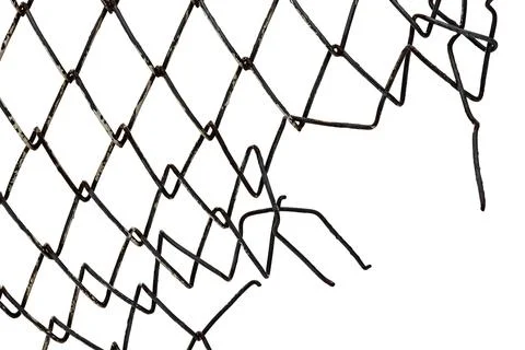 The texture of the metal mesh. Torn, destroyed, broken metal mesh on a whit.. Foto stock