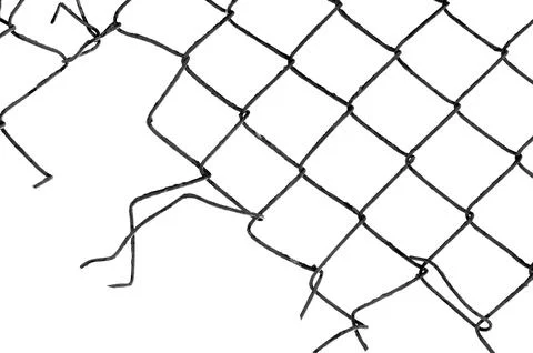 The texture of the metal mesh. Torn, destroyed, broken metal mesh on a whit.. Foto stock
