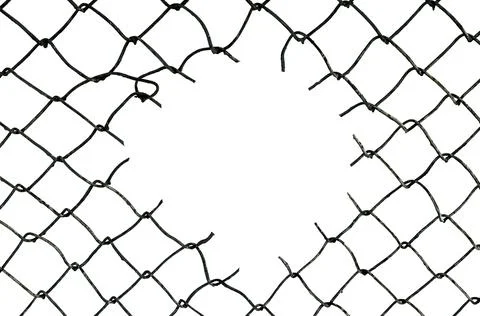 The texture of the metal mesh. Torn, destroyed, broken metal mesh on a whit.. Foto stock