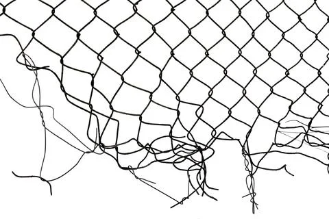 The texture of the metal mesh. Torn, destroyed, broken metal mesh on a whit.. Foto stock