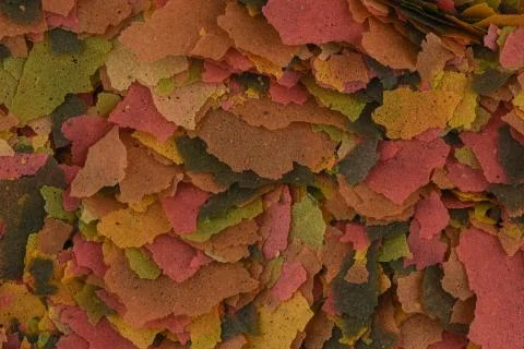 Texture of multicolored cereal close-up. Flake fish food macro shot. 스톡 사진
