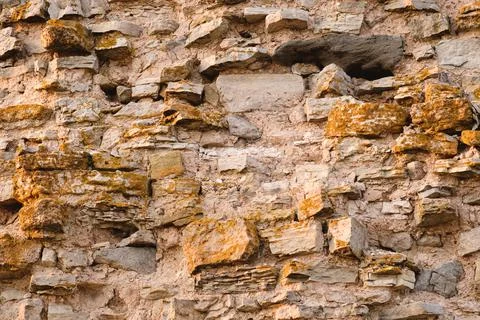 Texture of old bricks. Close-up brick wall with sprouting grass. Stock Photos