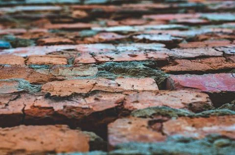 Texture from old red brick mesh, vintage surface, bottom up view Stock Photos