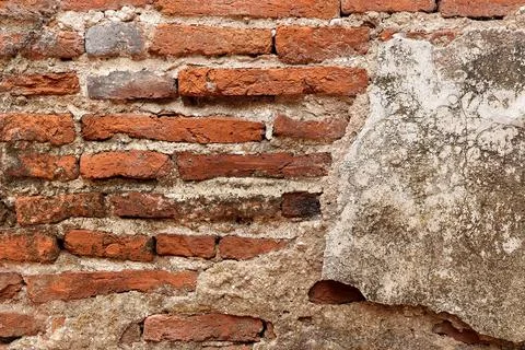 Texture of old red brick wall and texture of concrete.  Stock Photos