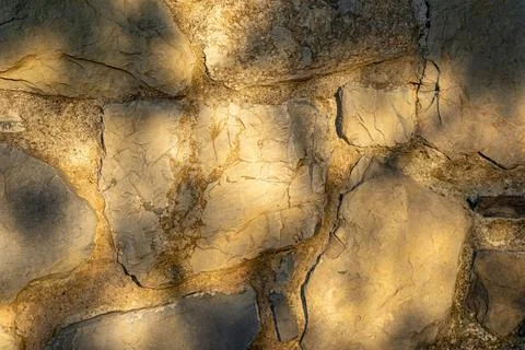 Texture of an old stone wall covered with the shadow of tree branches Stock Photos