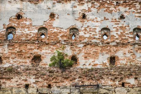 The texture of the old stucco on a brick wall. 스톡 사진