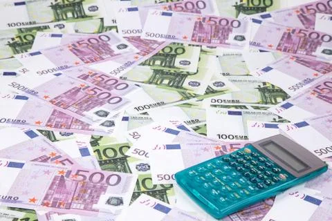 Texture one and five hundreds euro, calculator Stock Photos