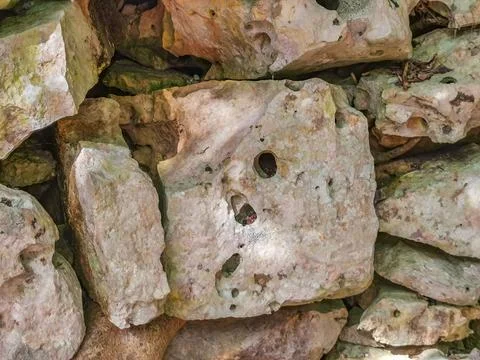 Texture pattern of Tulum ruins Mayan site temple pyramids Mexico. Stockfoto's