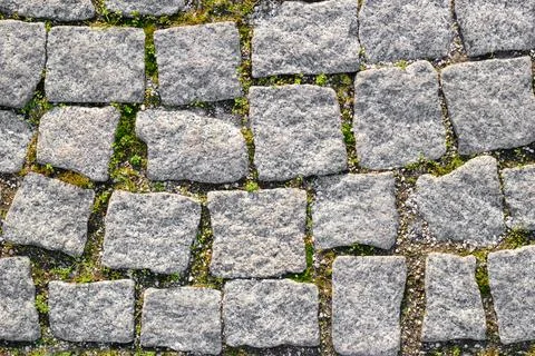 Texture of paved stone road with sprouted grass between masonry. Stock Photos