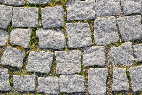 Texture of paved stone road with sprouted grass between masonry. Stock Photos