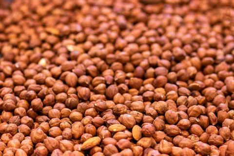 Texture of peeled hazelnuts without shell, natural background, selective focu 库存照片